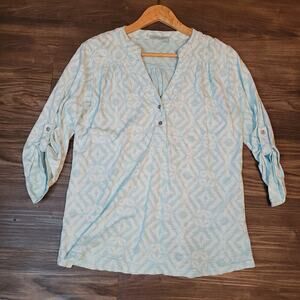 Fresh Produce Womens Geometric Print Shirt M Blue Pale V-neck Roll Tab Casual